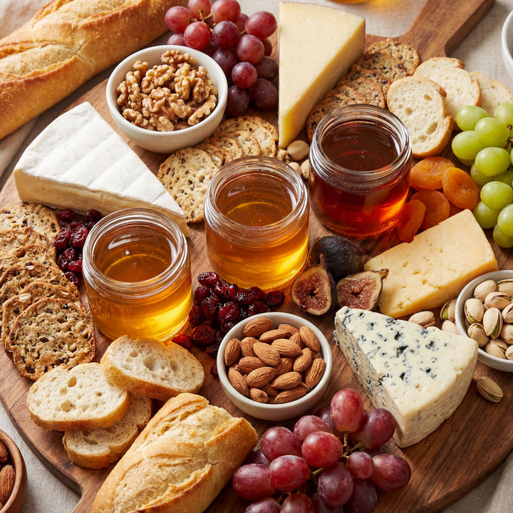 Assorted cheeses, bread, fruits, and honey on a wooden board