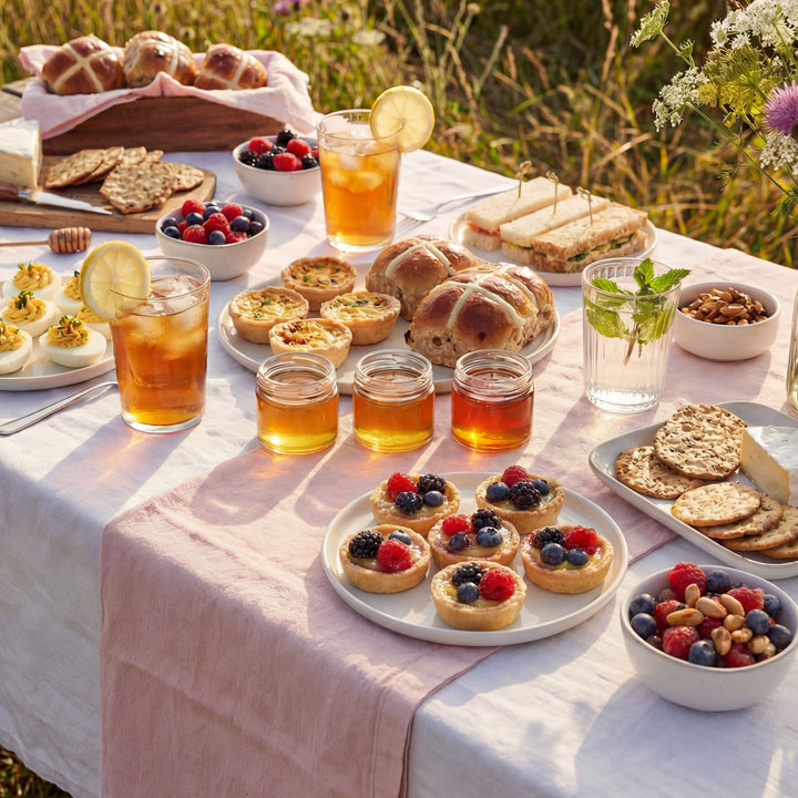 Outdoor picnic table with food and drinks on a sunny day