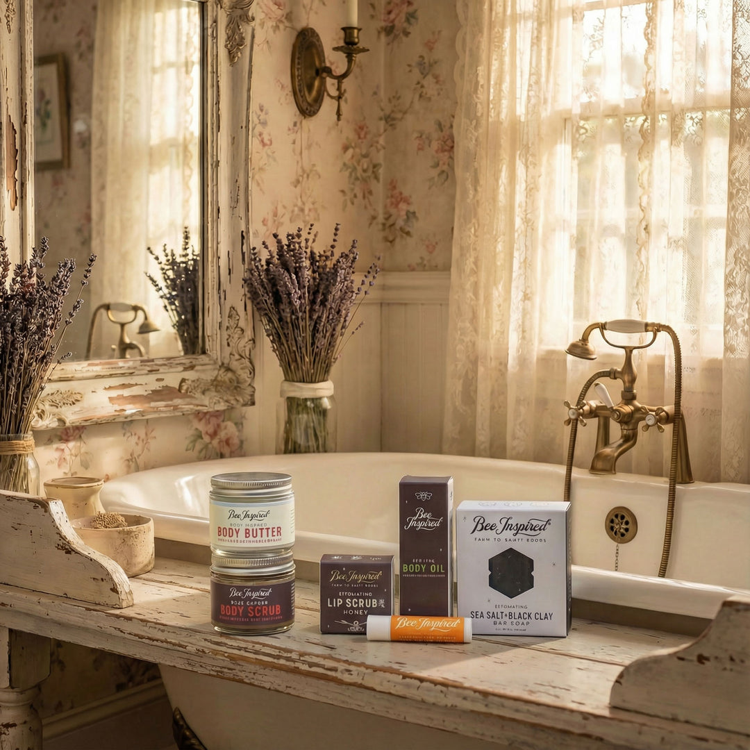 Vintage-style bathroom with bath products on a wooden surface