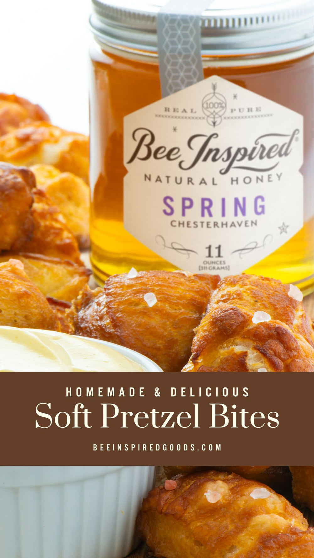 Bee Inspired spring honey jar with soft pretzel bites and a bowl of honey mustard sauce on a white background