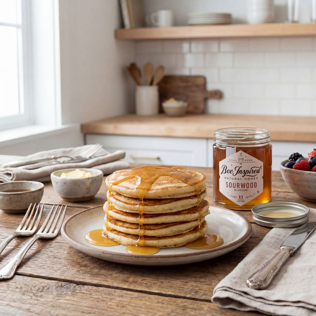 Stack of pancakes with syrup on a plate, accompanied by a jar of honey and fruit bowl in a kitchen setting.