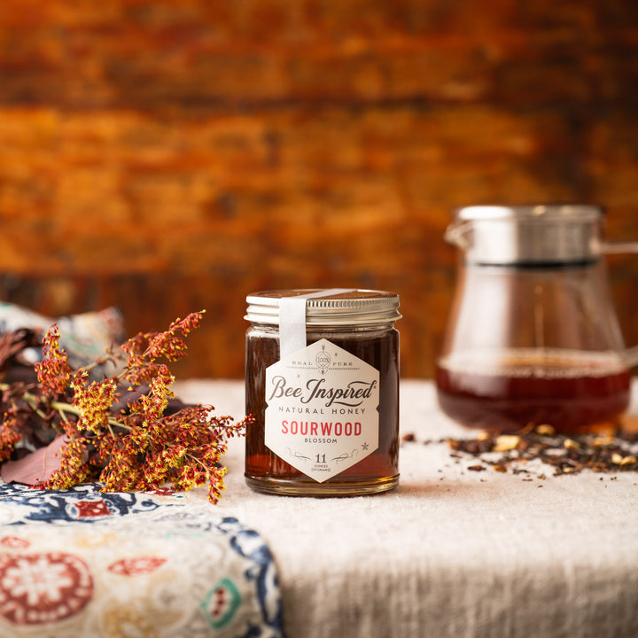 Sourwood honey with fall leaves 