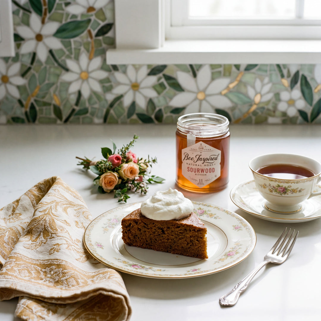 Slice of gingerbread with whipped cream on a plate, accompanied by a jar of honey and a cup of tea, set against a floral backsplash.