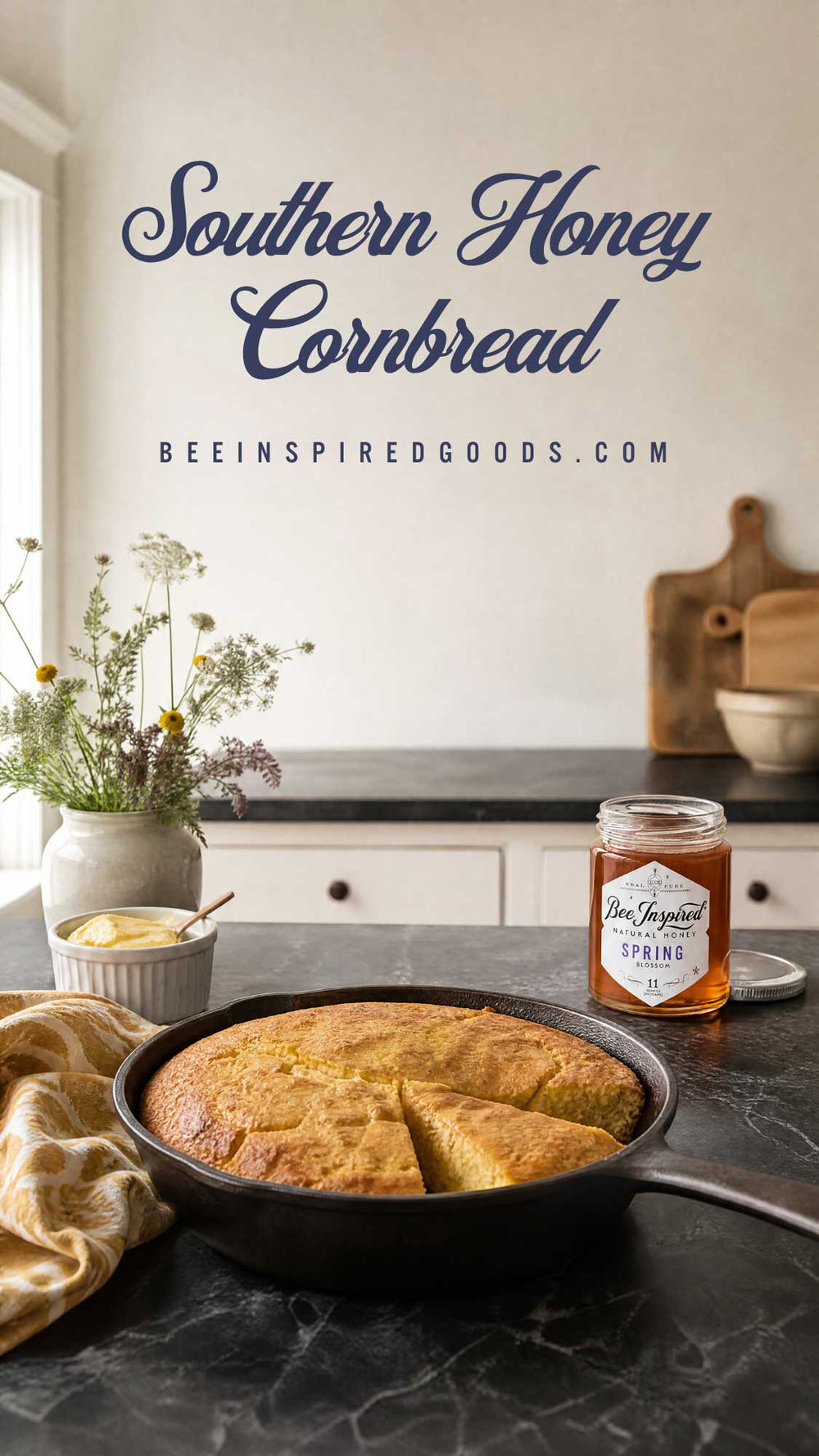A baked cornbread loaf in a black skillet sits on a dark countertop in a kitchen setting, with a jar of beekeeping product nearby and large text reading 'Southern Honey Cornbread' and 'BEEINSPIREDGOODS.COM' above it.