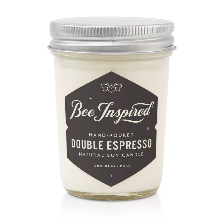 Candle jar labeled 'Bee Inspired Double Espresso' on a white background