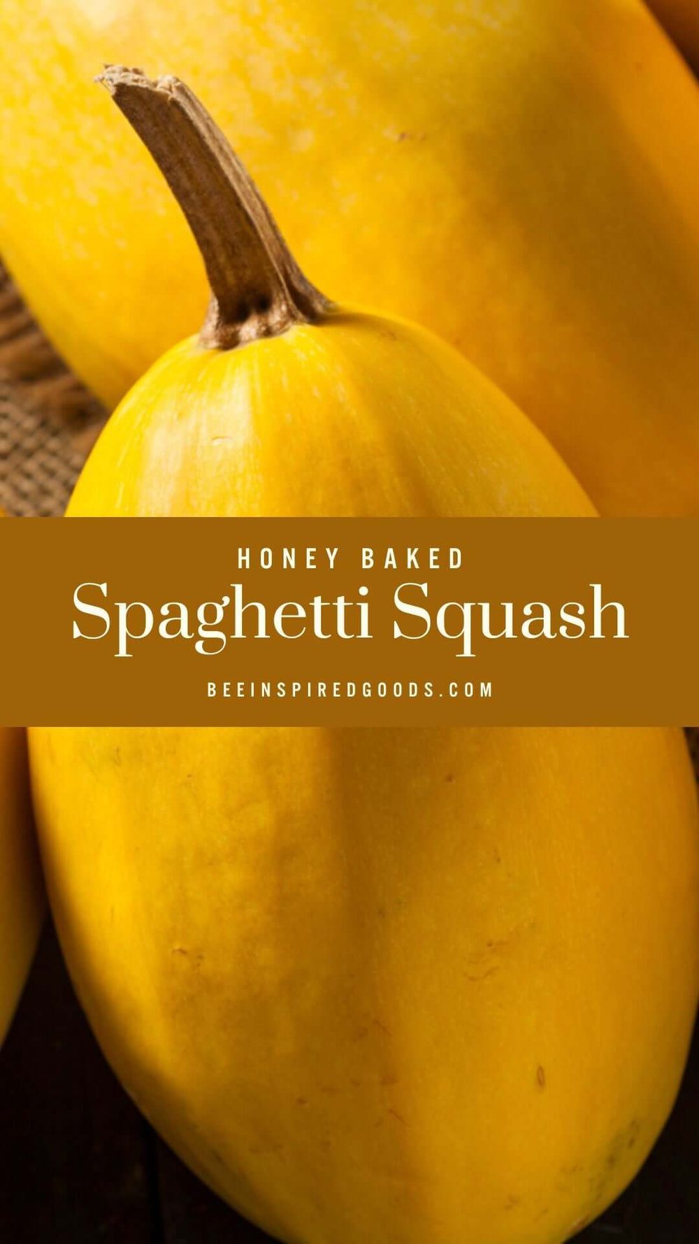 a spaghetti squash with the recipe title and the bee inspired site listed