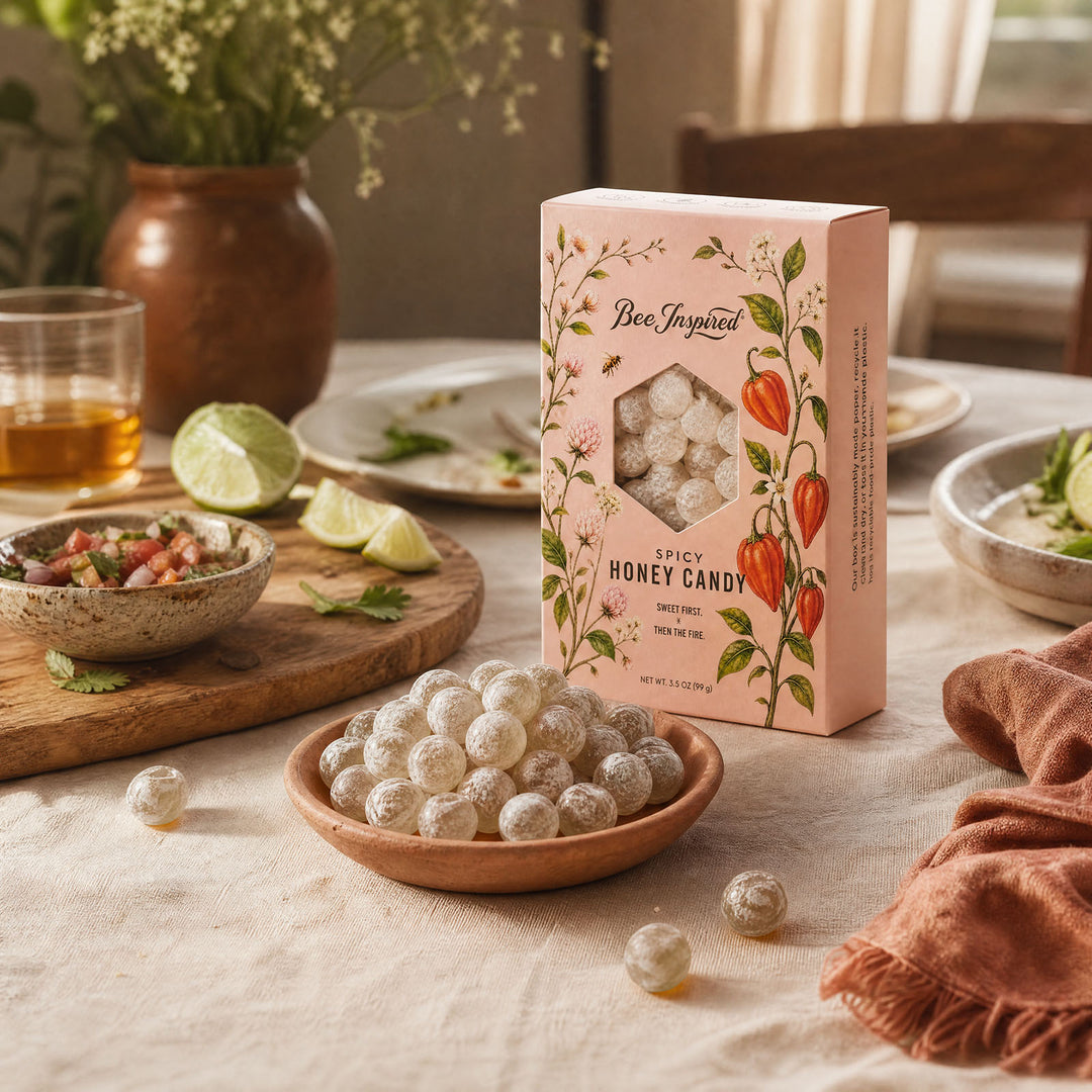 A pink box of Bee Inspired Spicy Honey Candy stands on a table surrounded by bowls of the candy, lime slices, and food props in a styled dining setting.