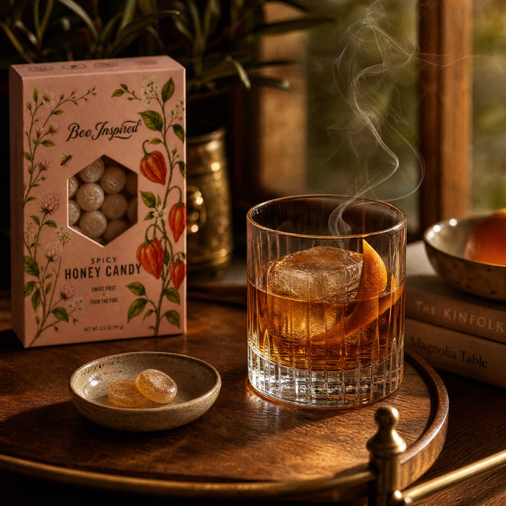 A boxed box of Bee Inspired Spicy Honey Candy sits beside a glass of amber drink with an orange slice and ice on a wooden tray, with steam rising and a small dish of loose candies in front.