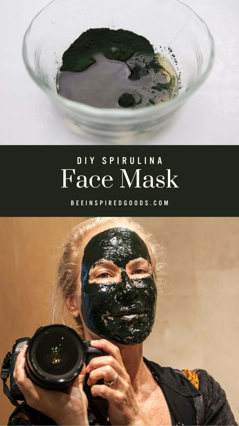spirulina face mask in a bowl and kara wearing it
