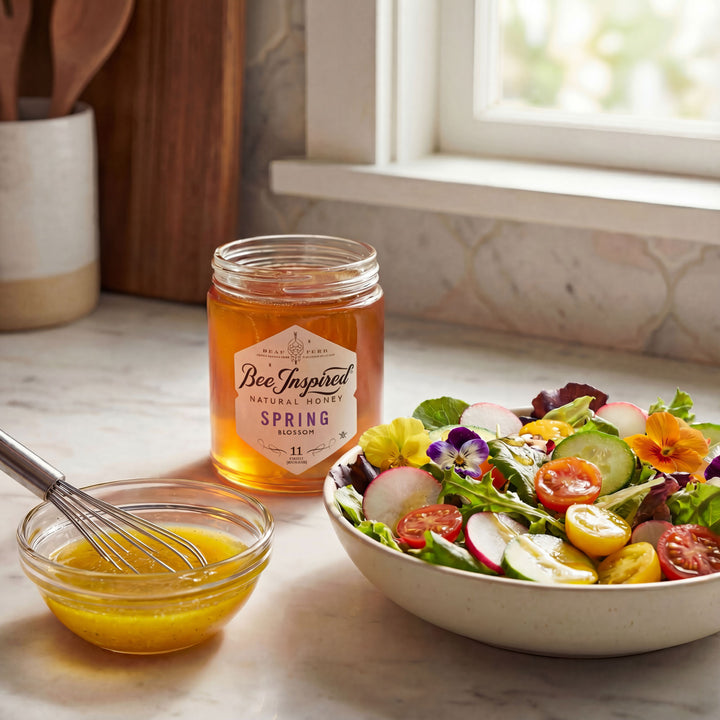 Bowl of salad with a jar of 'Bee Inspired' honey on a kitchen counter.