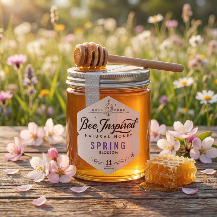 Jar of 'Bee Inspired' natural honey with a honeycomb and dipper on a wooden surface with flowers in the background