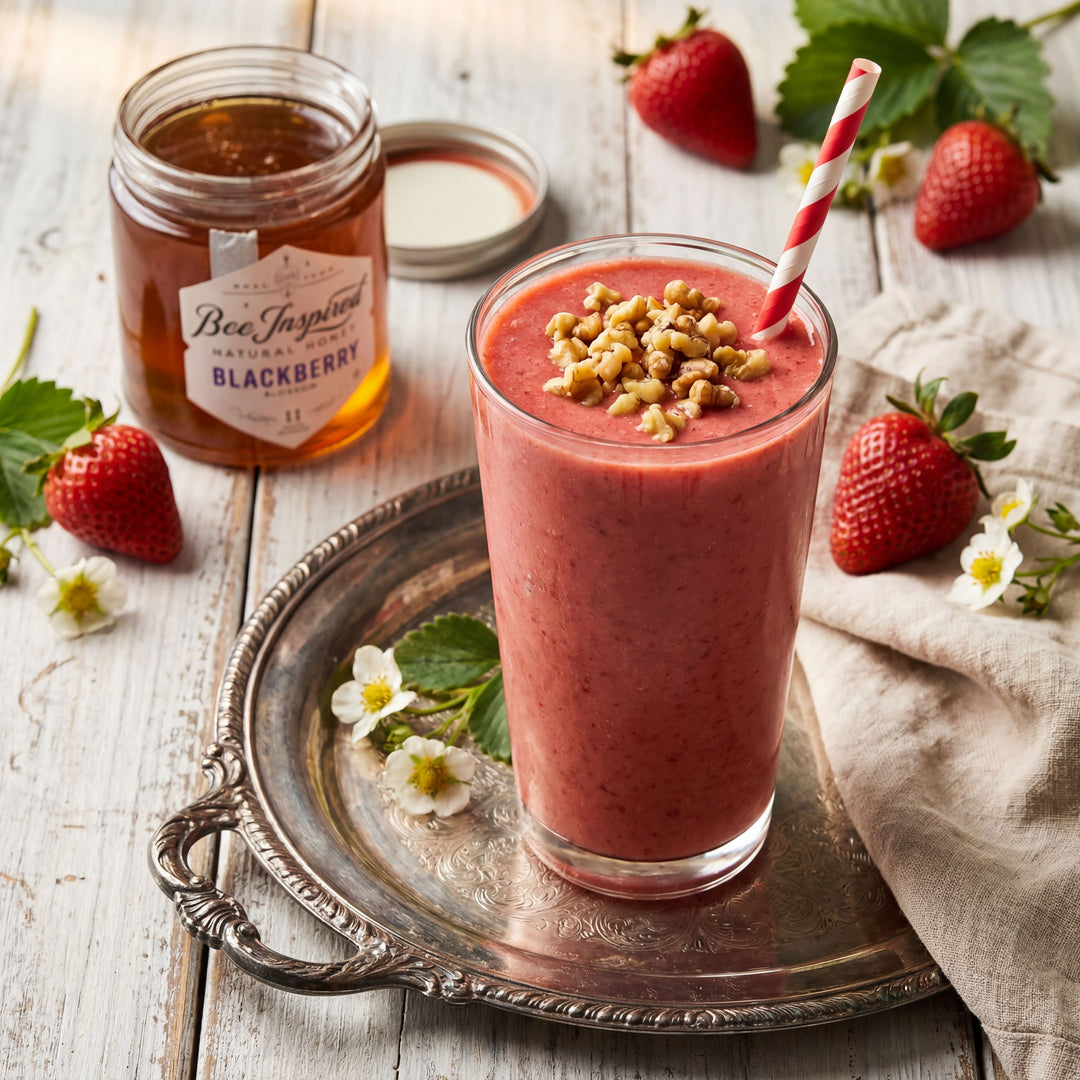 Strawberry smoothie with granola on a silver tray, surrounded by strawberries and a jar of blackberry jam.