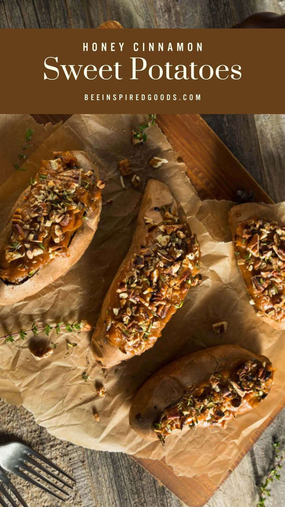 "Honey Cinnamon Sweet Potatoes beeinspiredgoods.com" with stuffed baked sweet potatoes on parchment paper 