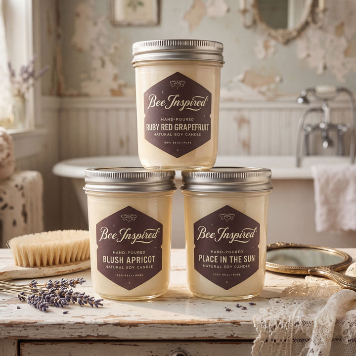Three 'Bee Inspired' candles stacked on a wooden surface with a vintage bathroom background.