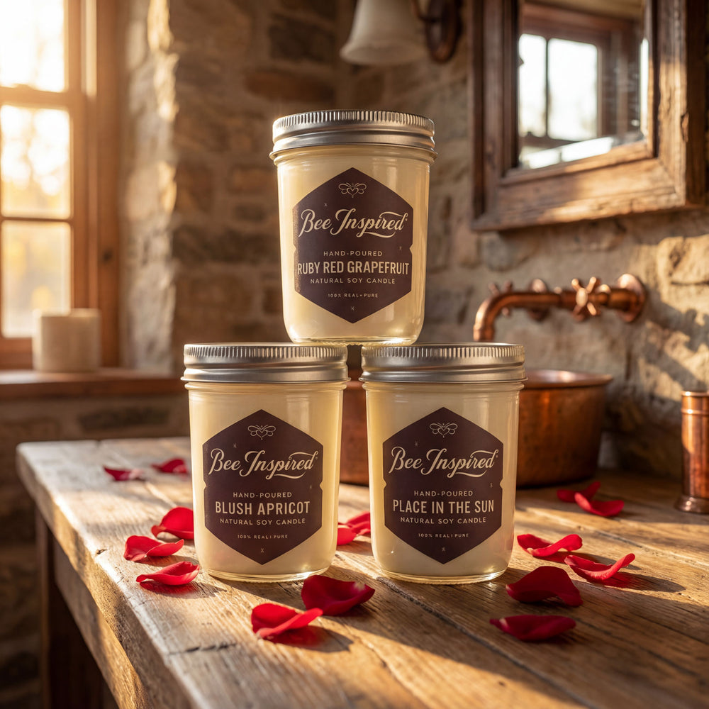 Three 'Bee Inspired' candles stacked on a wooden surface with red petals.