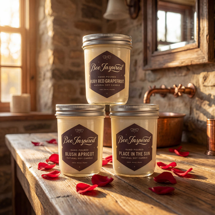 Three 'Bee Inspired' candles stacked on a wooden surface with red petals.