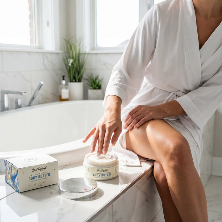 Person in a white robe applying body butter to their hand in a bathroom.