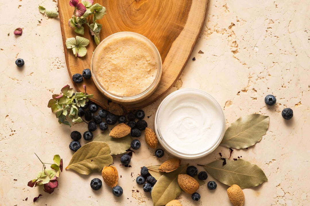 aerial view of Place in the Sun body butter and scrub duo with blueberries and almonds 
