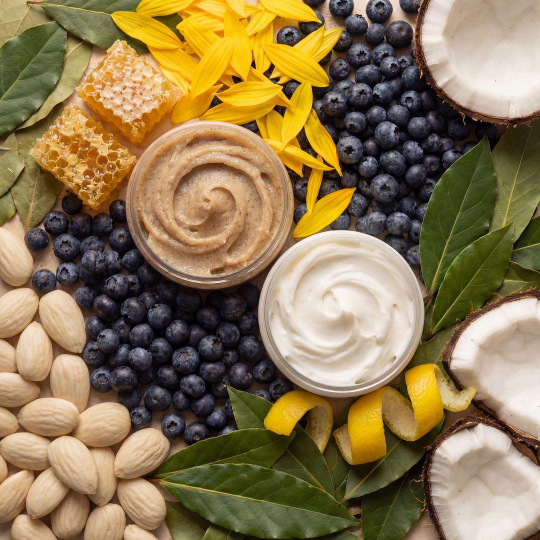 Two containers of cream surrounded by blueberries, almonds, lemons, and honeycomb on a leafy background.