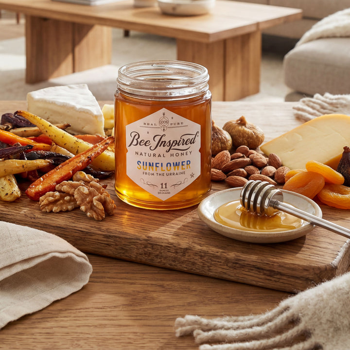 Jar of Bee Inspired honey on a wooden board with snacks in a cozy living room setting