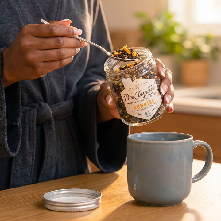 Person holding a jar of 'Bee Inspired' tea with a spoon, next to a blue mug on a wooden table.