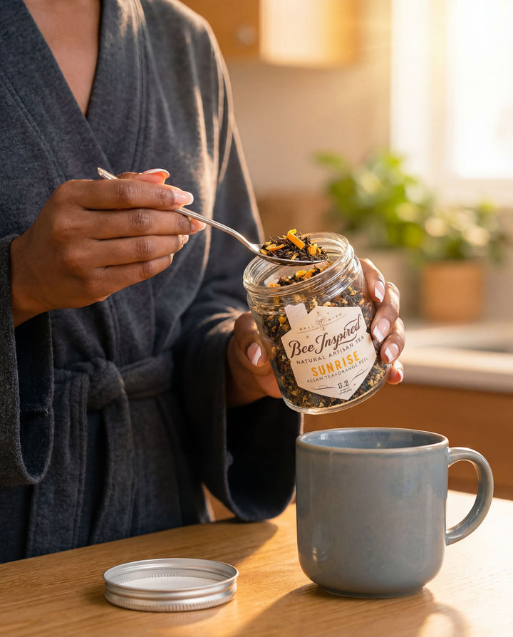 Person in a robe holding a jar of 'Bee Inspired' sunflower seeds with a blue mug on a wooden table.