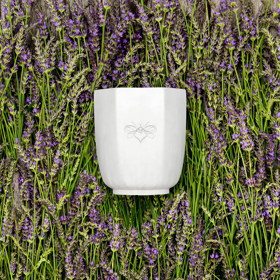 Hive hex candle flat lay on lavender 