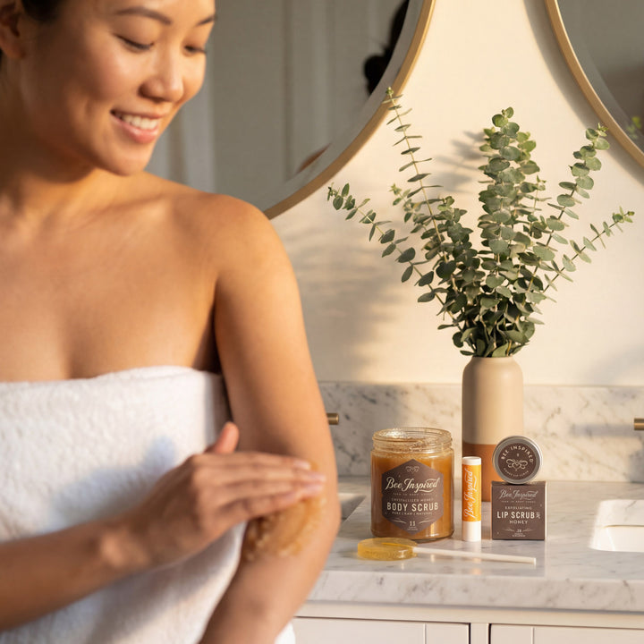 Woman applying body scrub in a bathroom with skincare products and a plant.