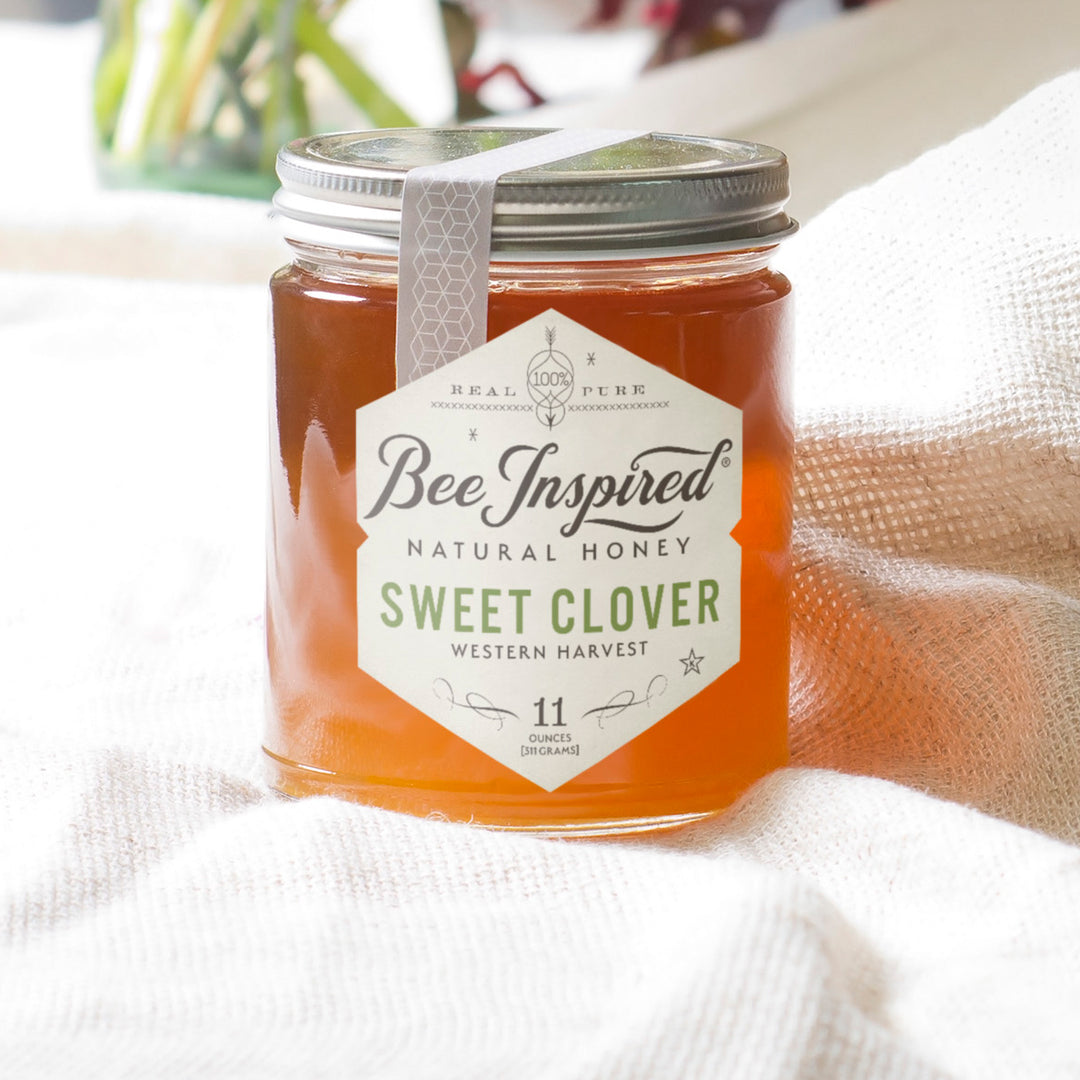 Sweet Clover honey on table cloth 