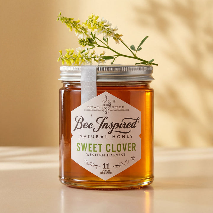 Jar of Bee Inspired Sweet Clover honey with a label on a beige background