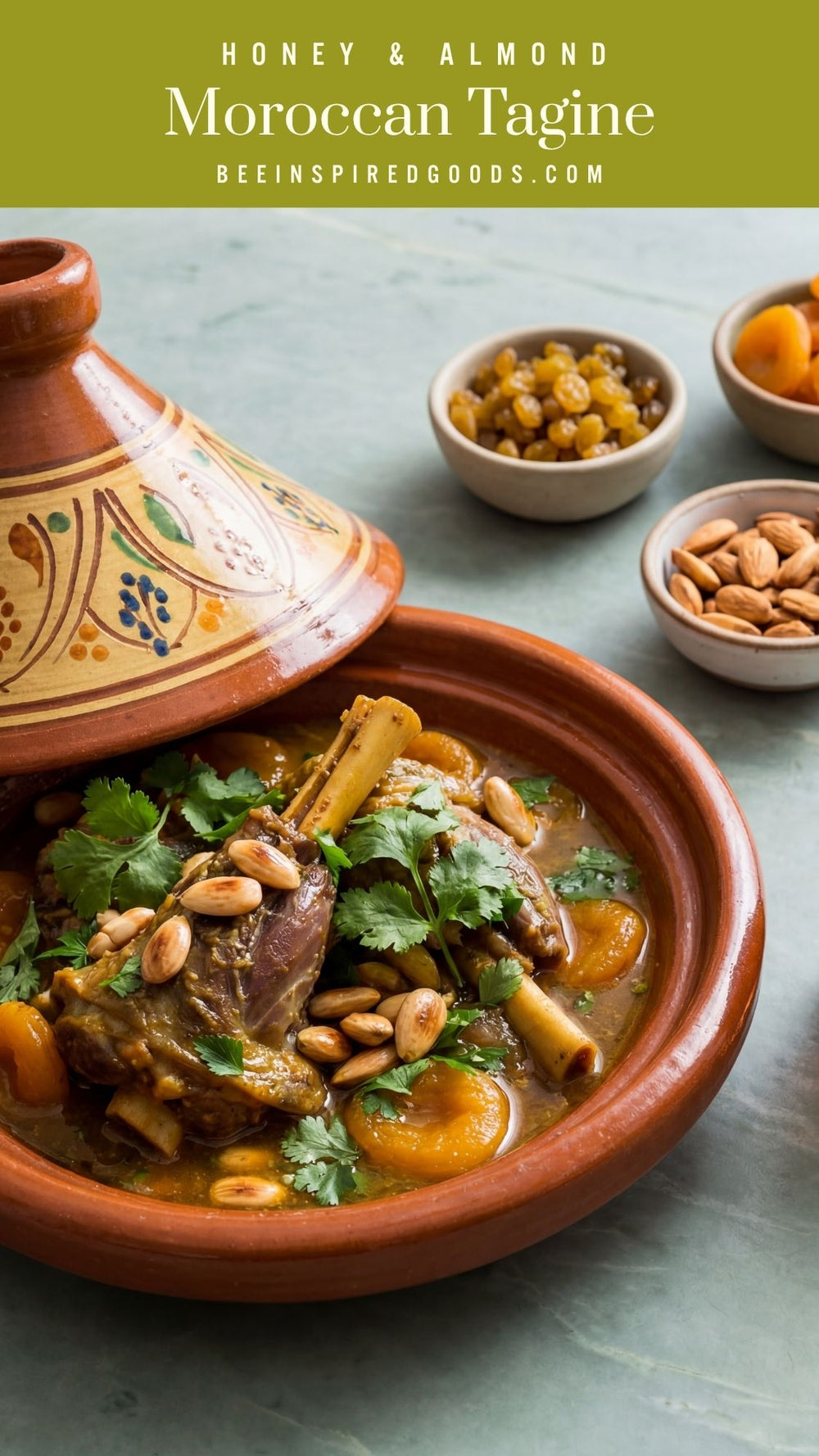 Moroccan tagine with ingredients on a table, featuring a green banner with text at the top.