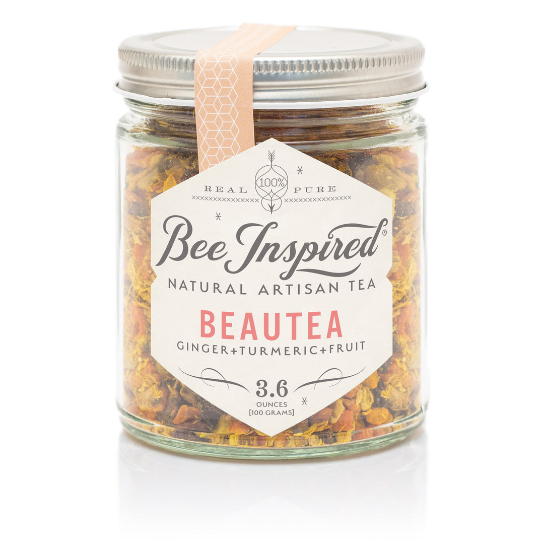 Jar of 'Bee Inspired' Beautea natural artisan tea on a white background