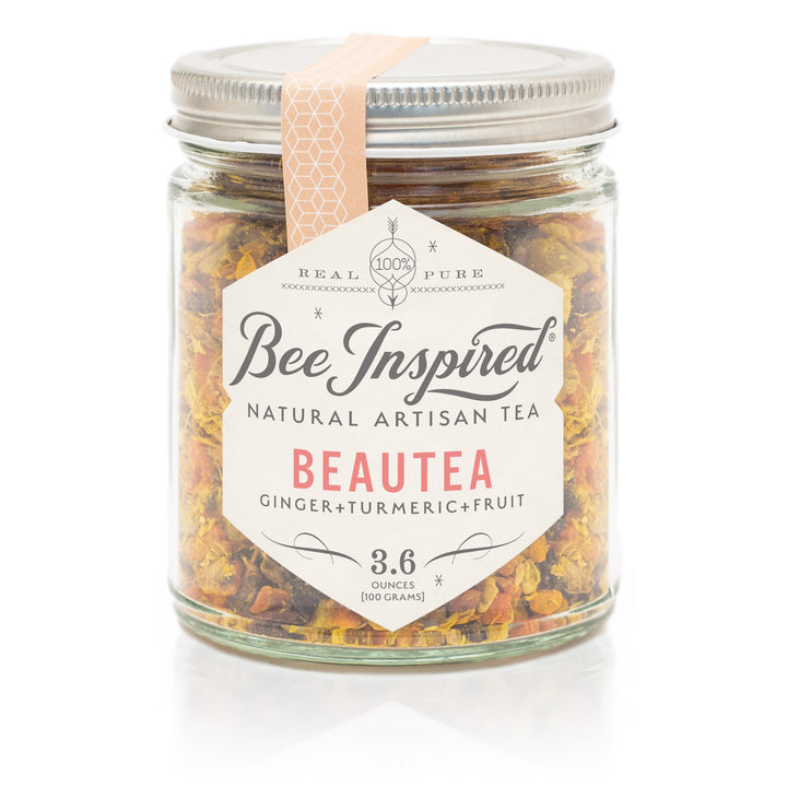 Jar of Bee Inspired Beautea natural artisan tea with a white label on a white background