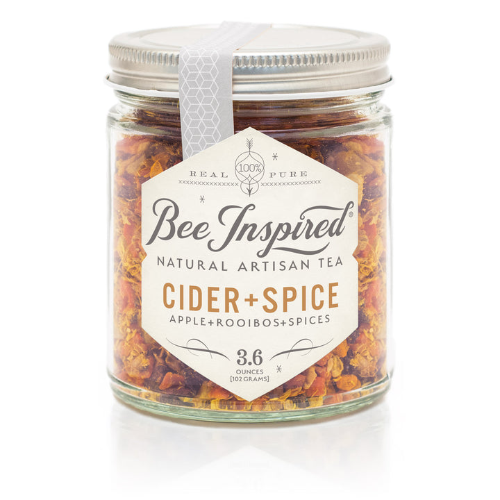 Jar of Bee Inspired Cider + Spice tea on a white background