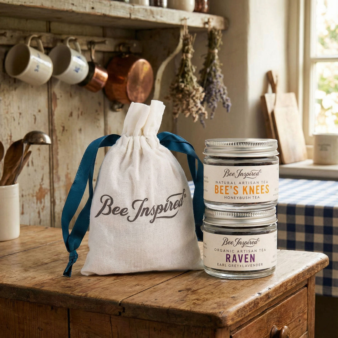 Bee Inspired tea jars with a drawstring bag in a french country kitchen