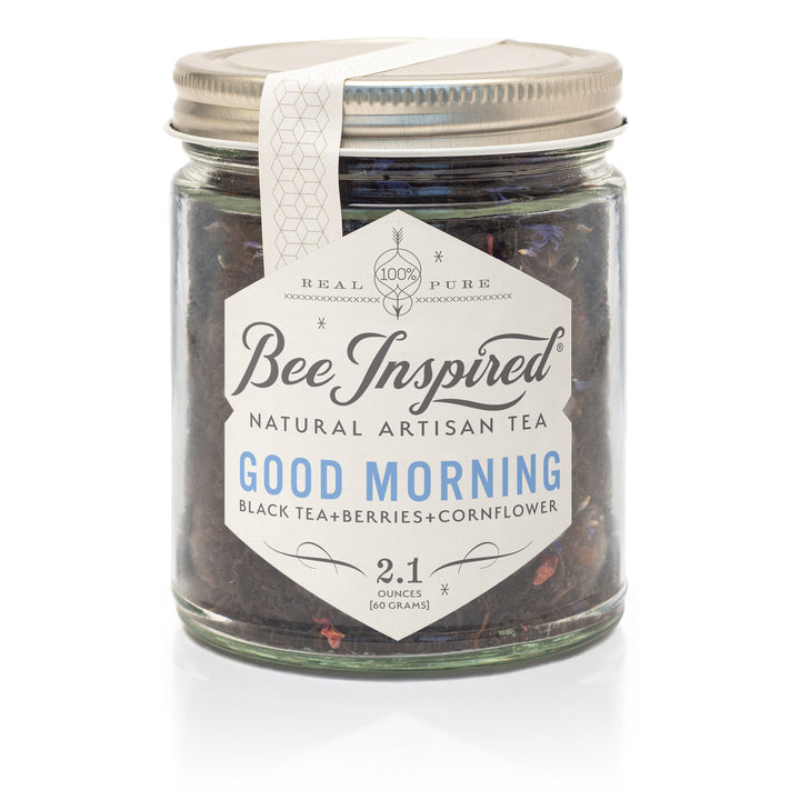 Jar of 'Bee Inspired' natural artisan tea labeled 'Good Morning' on a white background