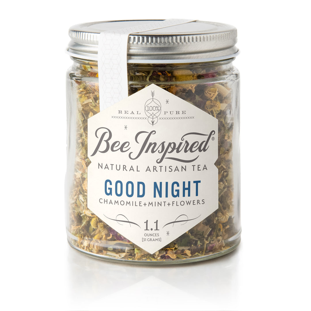 Jar of 'Bee Inspired' natural artisan tea labeled 'Good Night' on a white background