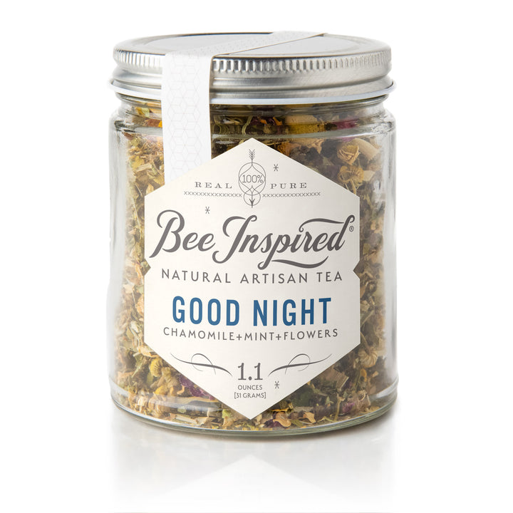 Jar of 'Bee Inspired' natural artisan tea labeled 'Good Night' on a white background
