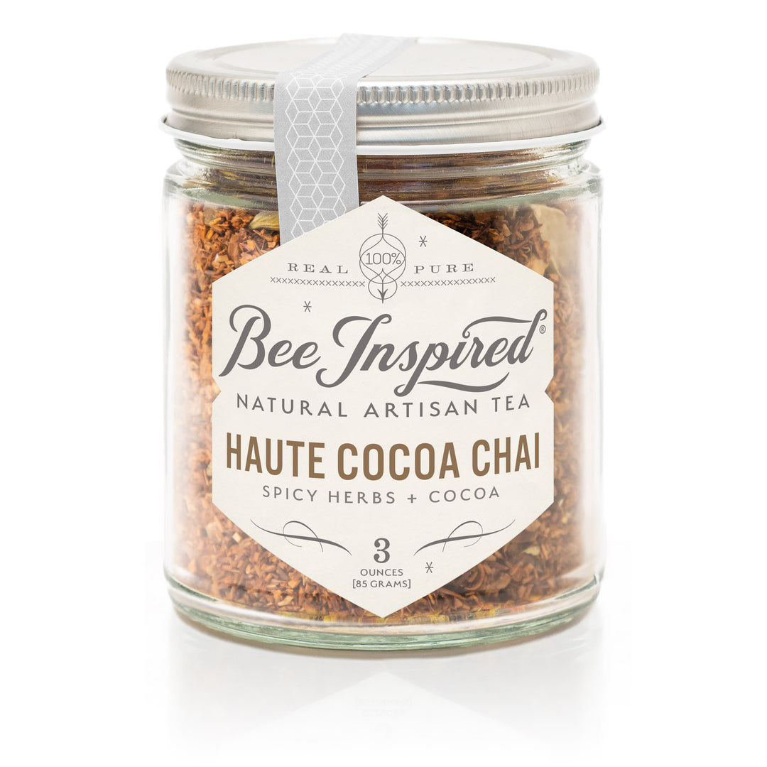 Jar of Bee Inspired Haute Cocoa Chai tea on a white background