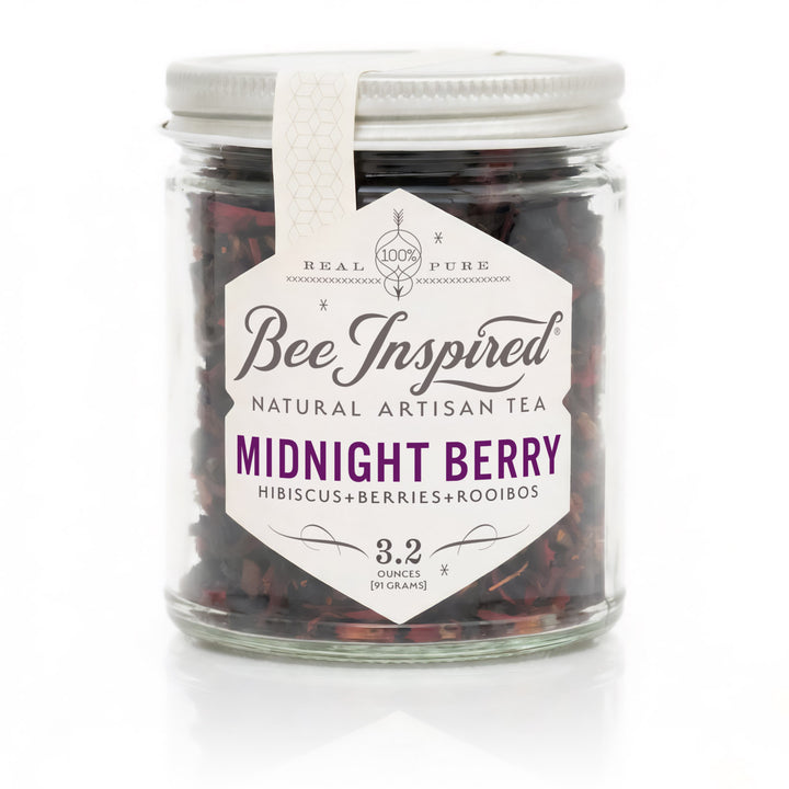 Jar of 'Bee Inspired' Midnight Berry tea on a white background