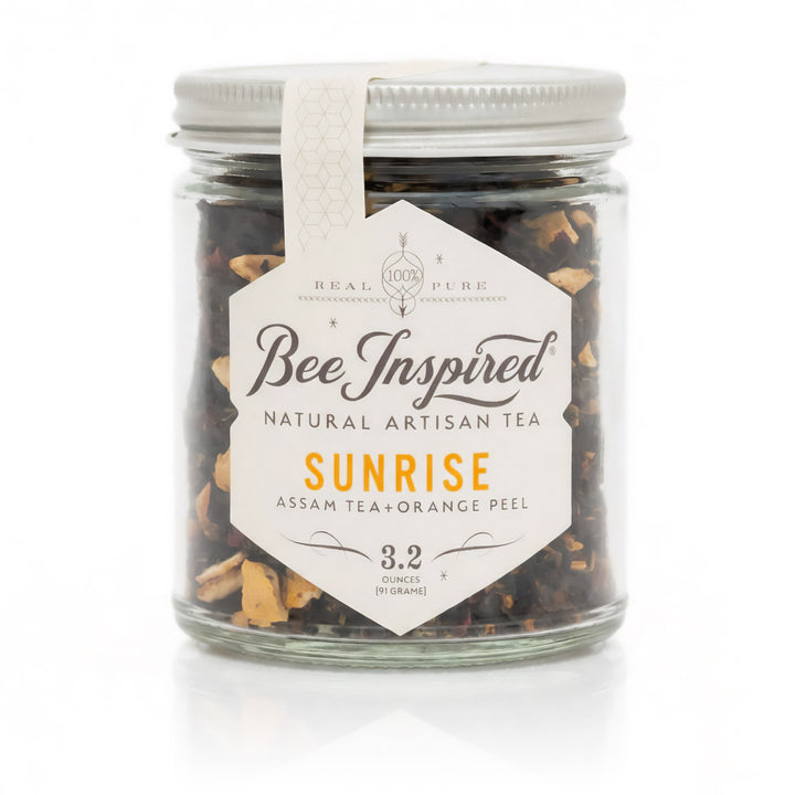 Jar of 'Bee Inspired' Sunrise natural artisan tea with a white label on a white background