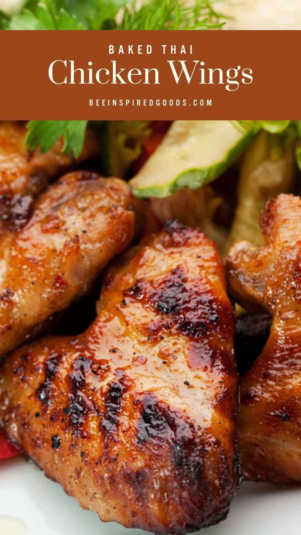 "Baked Thai Chicken Wings beeinspiredgoods.com" with marinated chicken and vegetables 