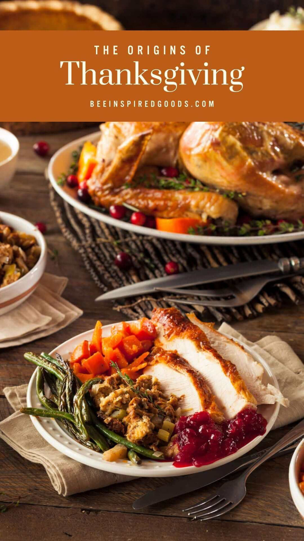 "The Origins of Thanksgiving beeinspiredgoods.com" with a plate of turkey, cranberry sauce, carrots, and stuffing 
