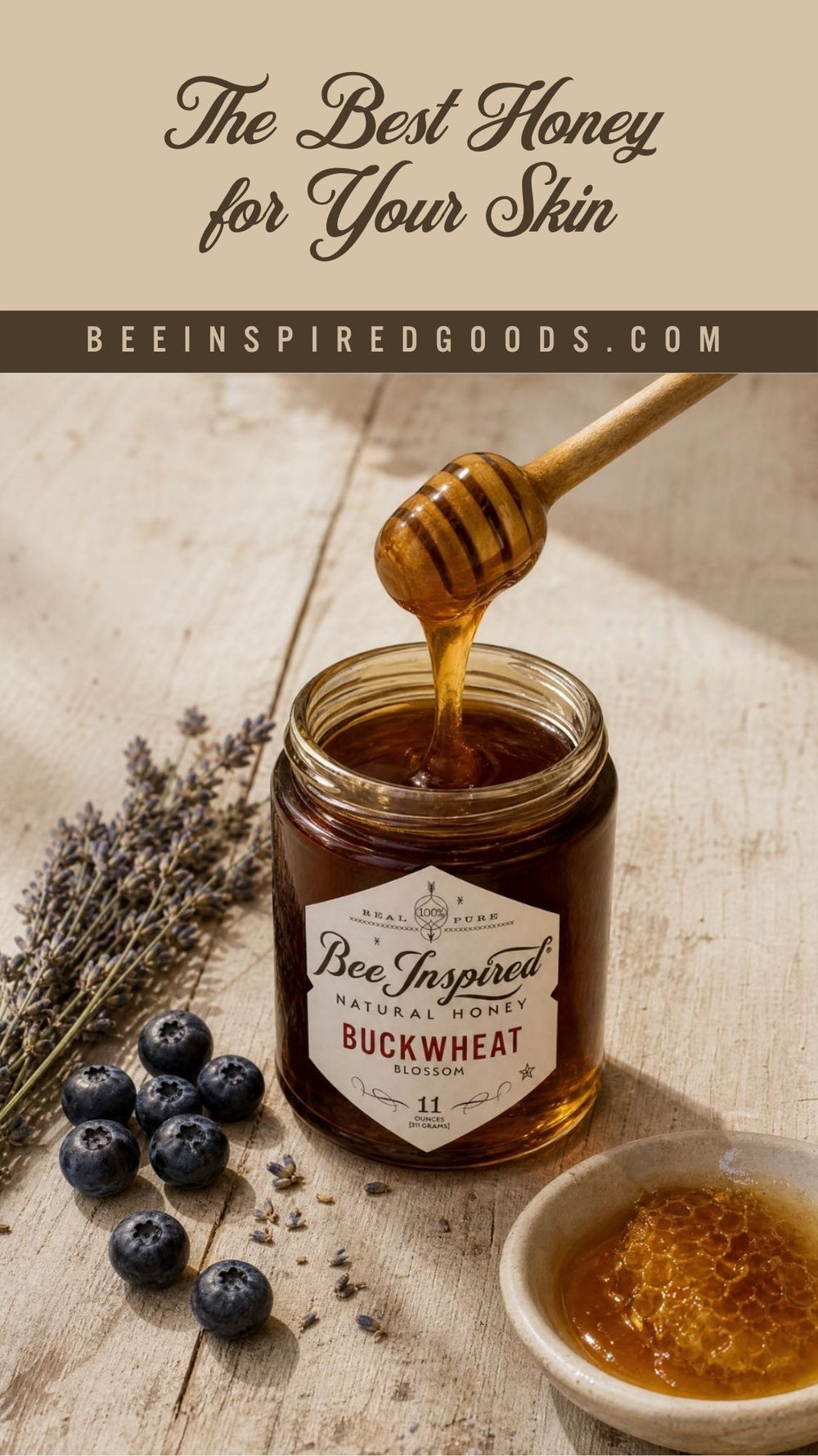 Jar of honey with a honey dipper, blueberries, and lavender on a wooden surface with text overlay.