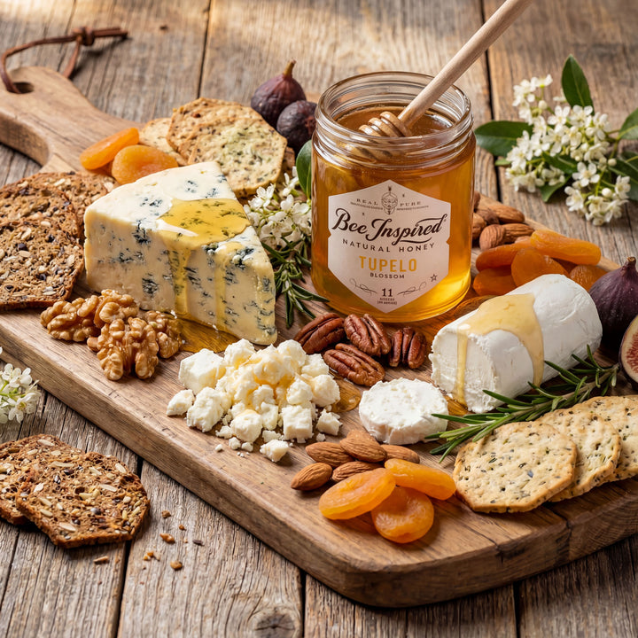 Wooden board with assorted cheeses, crackers, nuts, dried fruits, and a jar of honey on a rustic wooden surface.