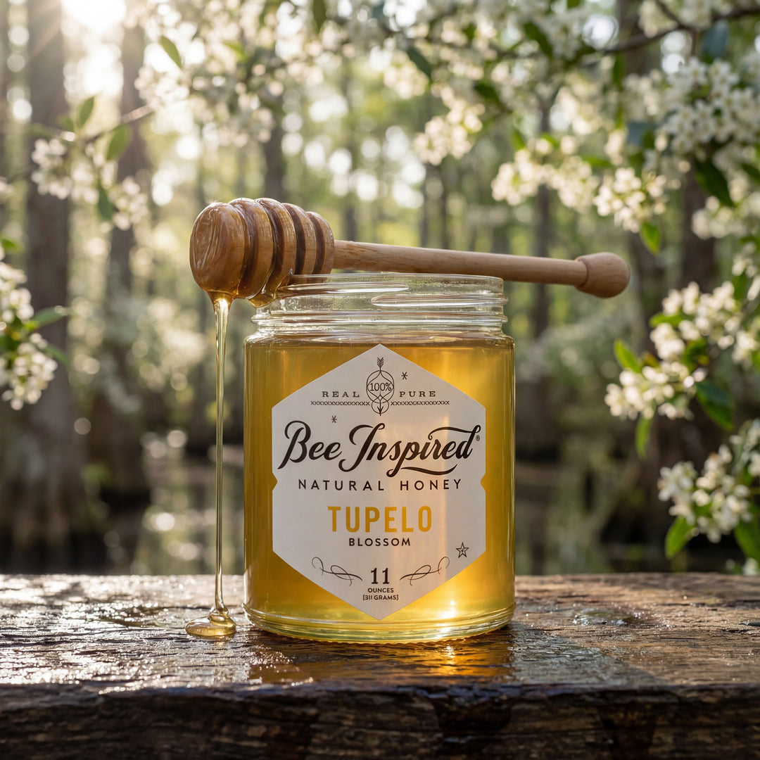 Jar of 'Bee Inspired' Tupelo Blossom honey with a wooden dipper on a wooden surface with a swamp background.