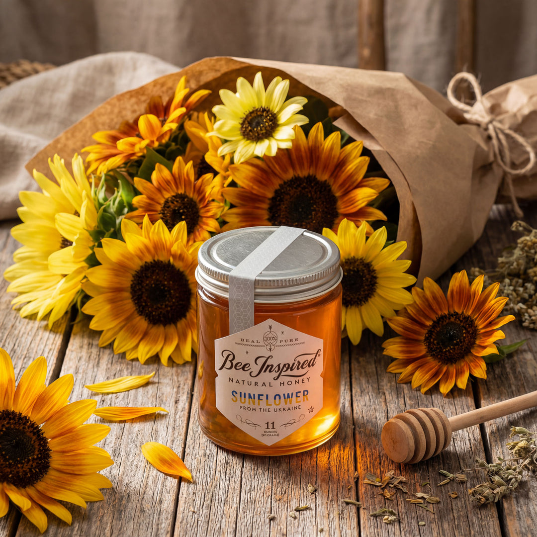 Jar of 'Bee Inspired' sunflower honey surrounded by sunflowers on a wooden surface