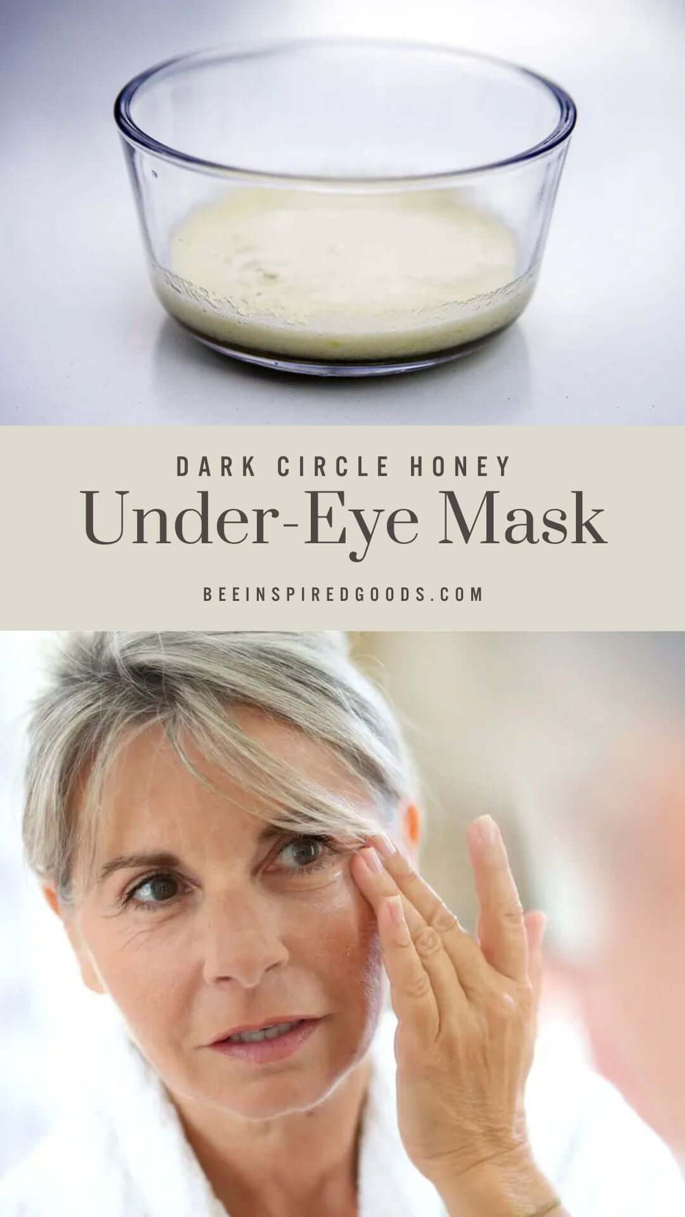 "Dark Circle Honey Under-Eye Mask" with woman applying it to her face 