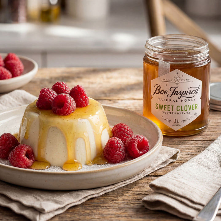 Dessert with raspberries and honey on a plate next to a jar of 'Bee Inspired' honey.