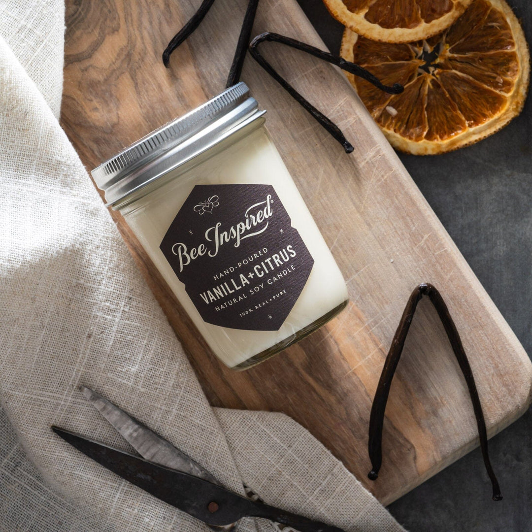 Vanilla and Citrus Soy Candle with ingredients
